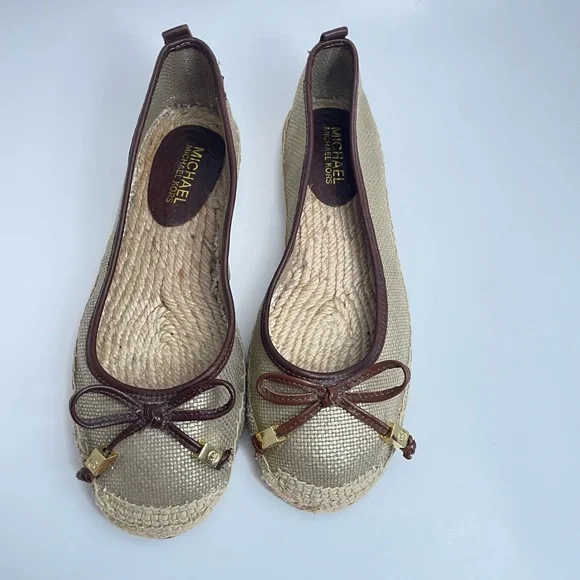 Michael Kors Meg Gold Metallic Logo Espadrille Flats Bow Slip On Jute Ballet Fla - Picture 2 of 5